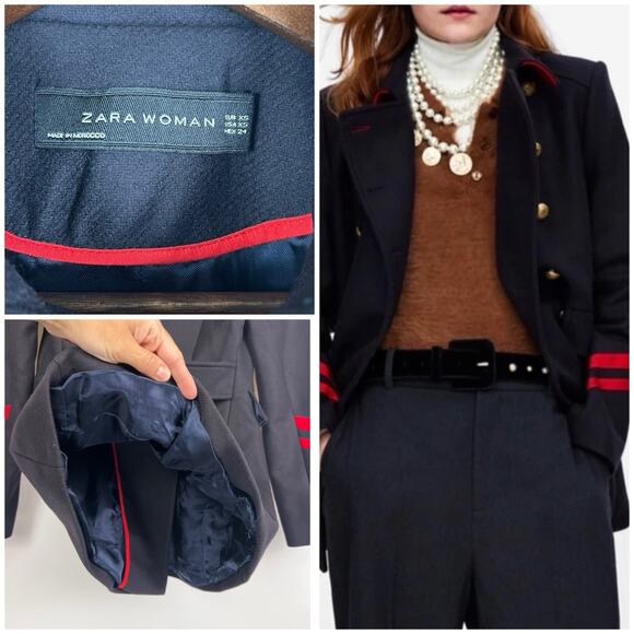 Zara Black Double-Breasted Coat with Red Accents - Picture 5 of 12